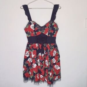 Hot Topic Sculls & Roses Skater Dress Sz M Goth Pin Up Ruffle Straps Skeletons